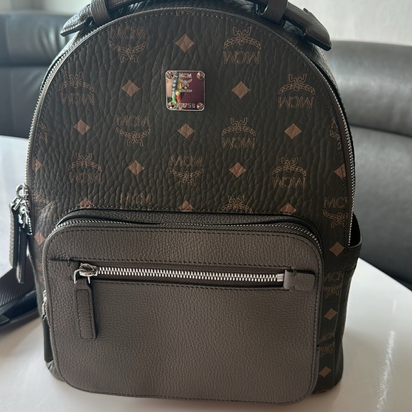 MCM Grayish-Brown Backpack with Textured Material and Silver Zippers main image 11